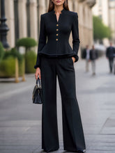 Stand Collar Peplum Jacket & Wide-Leg Pants Tailored Set