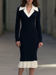 Contrast Collar Ribbed-Knit Midi Dress