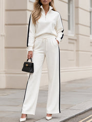 Half Zip Side Stripe Long Sleeve Top & Drawstring Wide Leg Pant Co‑Ord Set