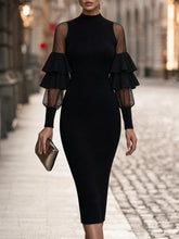 Sheer Ruffle-Sleeve Ribbed-Knit Midi Dress
