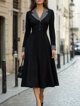 Contrast Lapel Flared Midi Dress