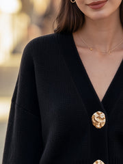 Gold Button V-Neck Knit Cardigan