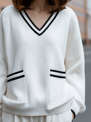 Contrast Trim V-Neck Ribbed Knit Sweater