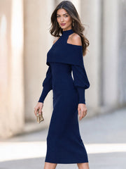 Navy Ribbed Knit Off Shoulder Halter Midi Dress