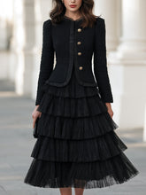 Textured Jacket And Tiered Pleated Midi Skirt Set