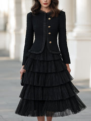 Textured Jacket And Tiered Pleated Midi Skirt Set