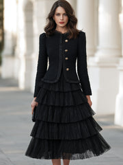 Textured Jacket And Tiered Pleated Midi Skirt Set