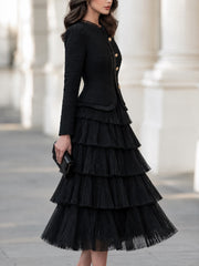 Textured Jacket And Tiered Pleated Midi Skirt Set