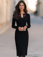 Black Embroidered Rose Long Sleeve Sheath Midi Dress