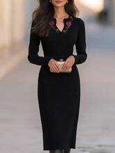 Black Embroidered Rose Long Sleeve Sheath Midi Dress