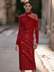 High-Neck Asymmetrical Sheer Mesh Sequin Midi Dress