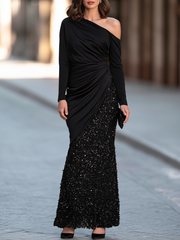 Asymmetric Draped Sequin Maxi Dress