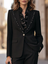 Pearl-Trimmed Satin Ruffle Single-Button Blazer