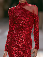High-Neck Asymmetrical Sheer Mesh Sequin Midi Dress