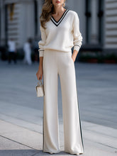 Contrast Trim V-Neck Knit Top And Wide Leg Pants Two Piece Set
