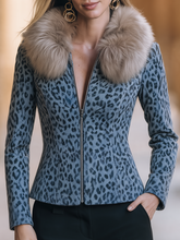 Blue Grey Leopard Print Faux Fur Collar Zip Jacket