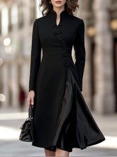 Mandarin Collar Frog-Closure Fit-and-Flare Midi Dress With Satin Panel