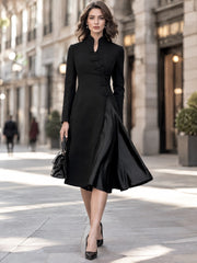 Mandarin Collar Frog-Closure Fit-and-Flare Midi Dress With Satin Panel