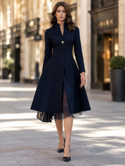 Stand-Collar Faux Two-Piece Fit-and-Flare Midi Dress