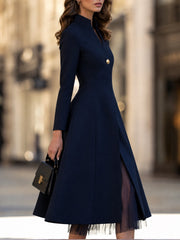 Stand-Collar Faux Two-Piece Fit-and-Flare Midi Dress