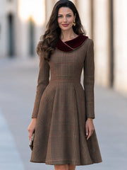 Burgundy Velvet Collar Plaid Wool Blend A-Line Midi Dress