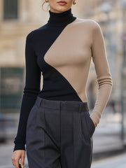 Asymmetric Color-Block Turtleneck Ribbed Knit Sweater