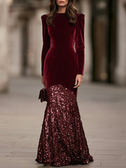 Velvet And Sequin Mermaid Maxi Dress With Puff Shoulders