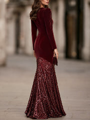 Velvet And Sequin Mermaid Maxi Dress With Puff Shoulders
