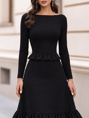Boat Neck Long Sleeve Peplum Ruffle Midi Dress