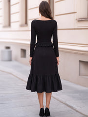 Boat Neck Long Sleeve Peplum Ruffle Midi Dress