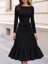 Boat Neck Long Sleeve Peplum Ruffle Midi Dress