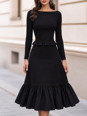 Boat Neck Long Sleeve Peplum Ruffle Midi Dress