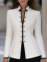 Decorative Buttons Tailored Stand Collar Contrast Trim Blazer