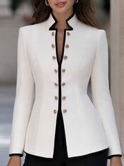 Decorative Buttons Tailored Stand Collar Contrast Trim Blazer