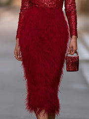 Long-Sleeve Sequin Bodice Faux Fur Midi Party Dress