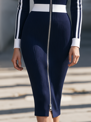 Elegant Contrast Collar Ribbed Knit Zip-Front Midi Dress