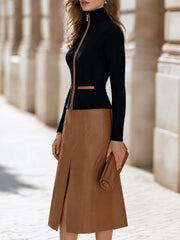 Cable-Knit Zip-Up Cardigan And Faux Leather Midi Skirt Set