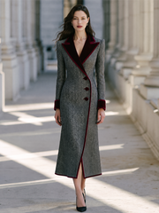 Elegant Velvet Notched Collar Herringbone Midi Coat Dress