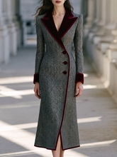 Elegant Velvet Notched Collar Herringbone Midi Coat Dress