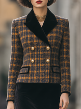 Plaid Wool Blend Velvet Lapel Cropped Blazer