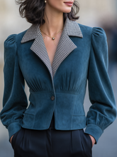 Teal Faux Suede Houndstooth Collar Puff Sleeve Cropped Jacket