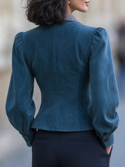 Teal Faux Suede Houndstooth Collar Puff Sleeve Cropped Jacket