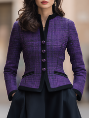Purple Tweed Black Trim Mandarin Collar Fitted Jacket