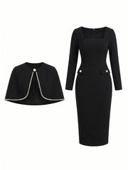 Pearl Trim Cape & Bodycon Midi Dress 2 Piece Set