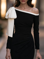One-Shoulder Matte Satin Bow Crepe Midi Dress