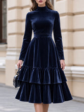 High Neck Velvet Tiered Midi Dress