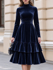 High Neck Velvet Tiered Midi Dress