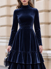 High Neck Velvet Tiered Midi Dress
