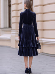 High Neck Velvet Tiered Midi Dress