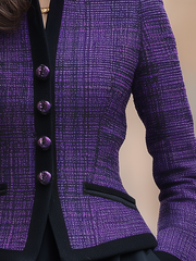 Purple Tweed Black Trim Mandarin Collar Fitted Jacket